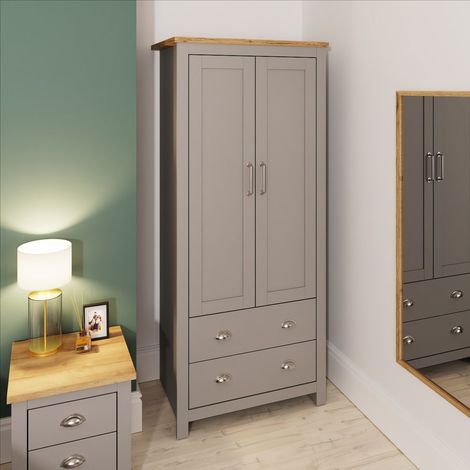 3 Piece Bedroom Set Grey 2 Door Wardrobe 2+2 Chest 2 Drawer Bedside Table Oak Top (1/5)