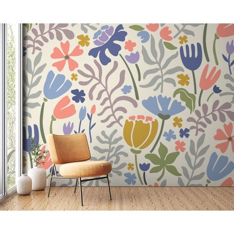 Papier peint fleuri - fleurs stylisées moutarde - 400 x 260 cm (1/2)