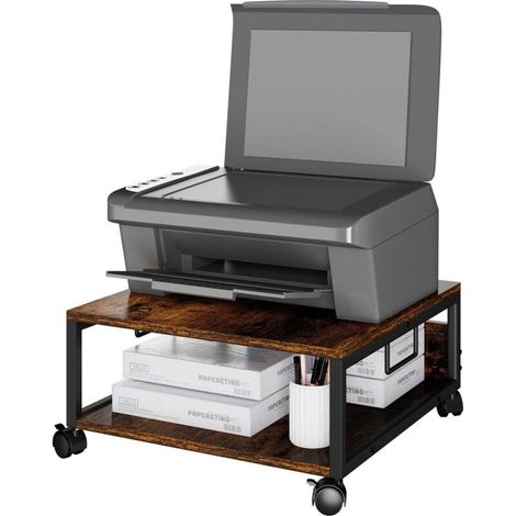 Supporto da scrivania a 2 livelli con ruote, robusto tavolino mobile con raccoglitori, per libri, fax, scanner, ufficio domestico (marrone) (1/4)