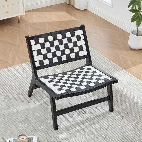 Poltrona reclinabile senza braccioli, 71x66x72 cm, in similpelle intrecciata, struttura in legno, stile industriale per soggiorno, nero/bianco (1/5)