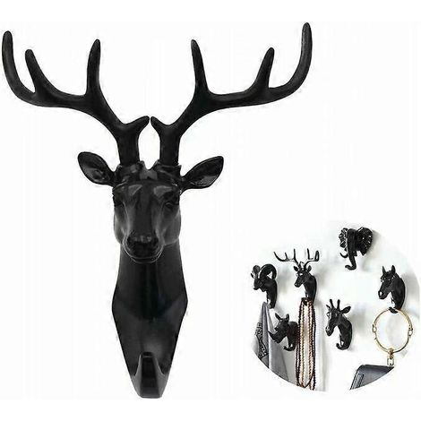 Patère murale en forme d'animal, porte-clés animal, cerf, en résine noire, Fonepro (1/5)