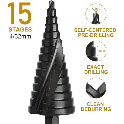 Foret Étagé Métal 4-32mm HSS Foret Conique Metal à Tige Triangulaire pour Visseuse sur Acier, Bois, Laiton, Aluminium, PVC, Plastique