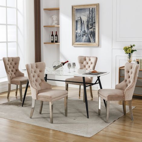 Liberté – Ensemble de 4 chaises rembourrées en velours beige – Pieds en métal avec supports réglables – Confort optimal pour salle à manger (1/5)