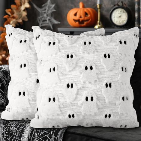 Lot de 2 Fantôme Housse de Coussin Halloween 40x40 cm, Fantôme à Deux Yeux Vintage Parure Oreiller Décoration de Lit Grimace Deco pour Chambres Canapé Halloween Decoration (Blanc) (1/3)