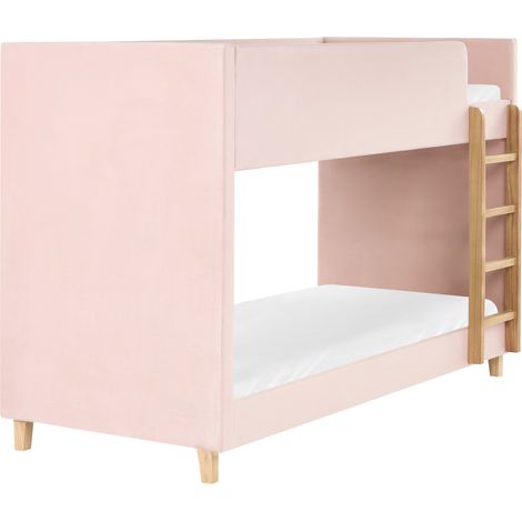 Litera 90 x 200 cm para niños dormitorio infantil cama alta tapizada en terciopelo madera de álamo con escalera rosa pastel Chocques (1/5)