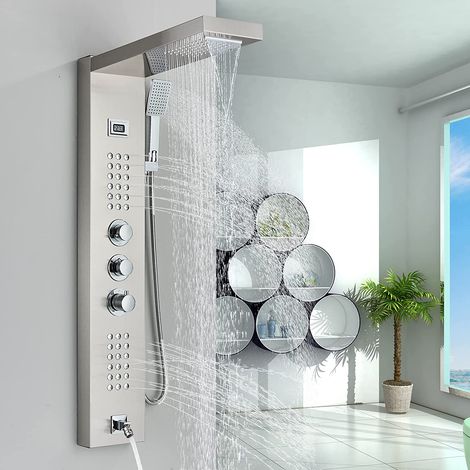 SUGUWORD Thermostatic Shower Tower Panel System Stainless Steel 5 Functions Rainfall Waterfall Shower Head Hydroelectricity Massage Jet Handheld Shower Sprayer Wall Mounted Black (1/5)