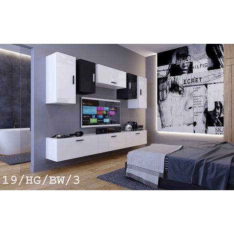 Ensemble meuble TV CONCEPT 19-HG-BW-3-1B blanc-noir brillant 276 cm (1/2)