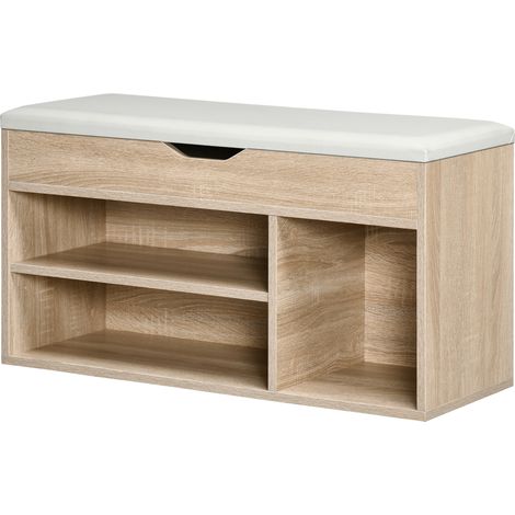 Étagère à chaussures rembourrée, 2 étagères ouvertes + rangement dissimulé, bois et cuir PU, 80x30x45 cm, gain de place