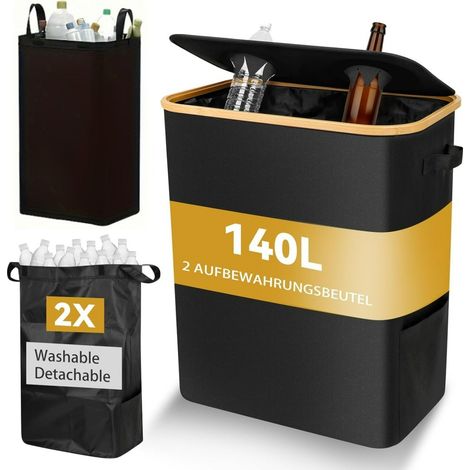 140L Bottle Recycling Bin with Lid & 2 Reusable Pouch, Black (1/5)