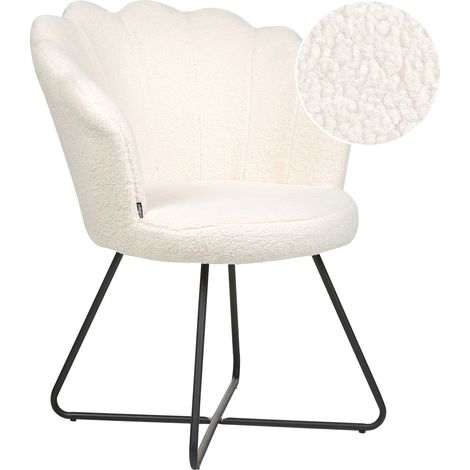 Silla sin reposabrazos asiento redondo estructura metálica respaldo concha diseño vintage tapicería bouclé blanco Lovelock
