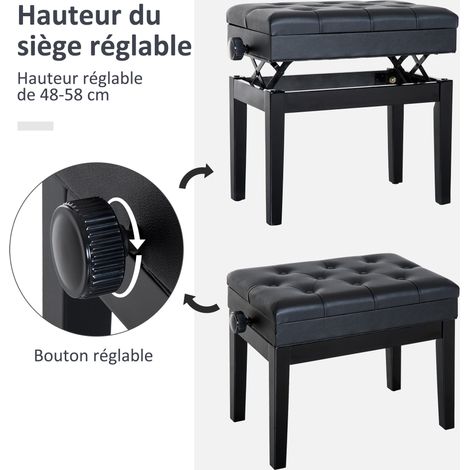 HOMCOM Banc piano réglable bois massif rangement caché PU 200 kg noir (1/5)