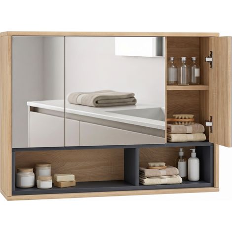 Meuble salle de bain avec miroir mural - HOMCOM - placards à 3 portes et 8 compartiments - dim. 80L x 20l x 60H cm - chêne