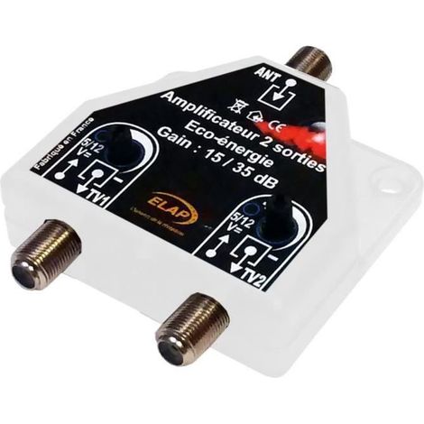 Amplificateur Répartiteur 2 TV TNT UHF Elap 341055 - 37dB Auto alimenté Intérieur 2 Sorties TV À Gain Réglable 20 À 40 dB Blanc