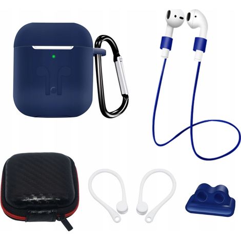 AirPods 2 / AirPods 1 Silikonhülle + Schutzhülle / Ohrhaken / Nackenband / Uhrenarmbandhalter / Karabiner-Set – Blau