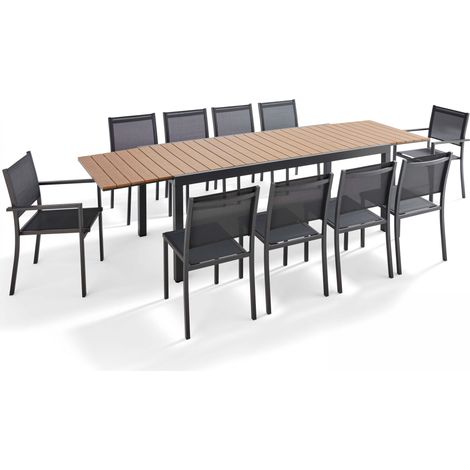 Oviala – Salon de jardin extensible 10 places – 8 chaises et 2 fauteuils en aluminium – Plateau rallonge 200/300 cm – Résistant aux UV et à l'humidité (1/5)