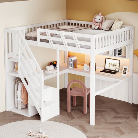 Lit mezzanine enfant 140x200 cm avec bureau intégré, escalier rangement, LED, prise USB, étagères ouvertes, garde-corps, bois, blanc (1/5)