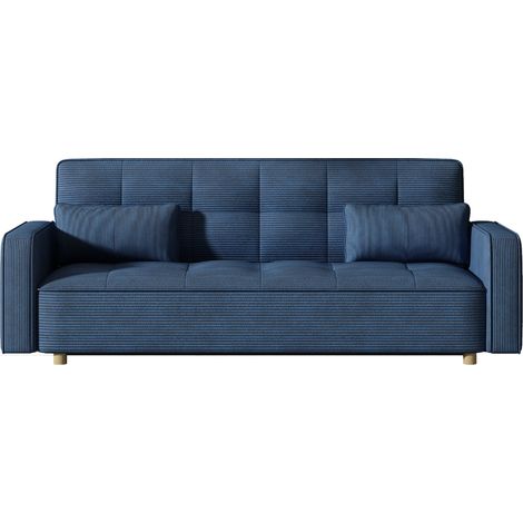 Concept-Usine – Canapé convertible 3 places en velours côtelé bleu – Confort XXL avec mousse et plumes – Dimensions 213x89x79 cm – Couchage 213x111 cm