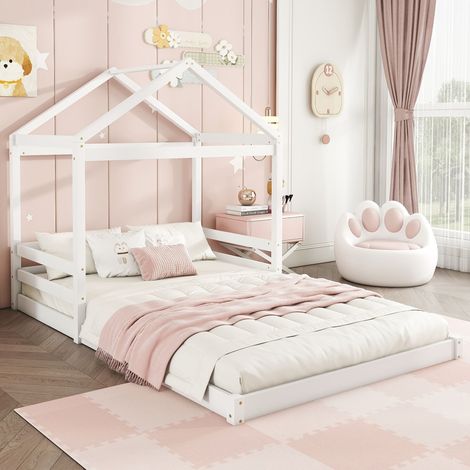 Lit cabane enfant 140x200 cm blanc en pin et MDF, cadre bas, sommier 7 lattes inclus, charge 200 kg, sans matelas (1/5)