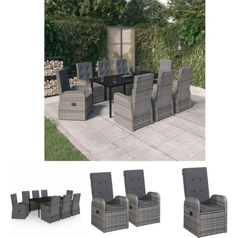 Gartenstühle - vidaXL 9-tlg. Garten-Essgruppe mit Auflagen Grau - Gartenstuhl (1/5)