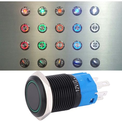 2 boutons-poussoirs autobloquants 12 V CC, 16 mm, 5 broches, étanches IP65 avec voyant lumineux (vert) (1/5)