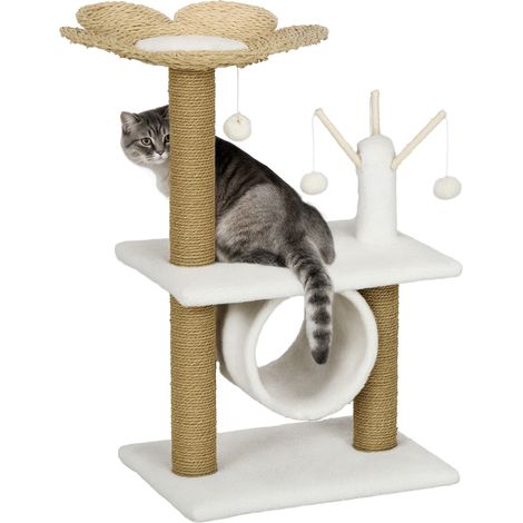 Gemütlicher Katzenbaum im Chic-Stil mit Kratzstamm aus Natursisal, Tunnel, Plattform und Plüschbommel aus Polyester, 56 x 40 x 91 cm, beige
