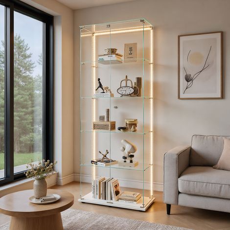 Vitrine en Verre avec Éclairage LED, Armoire vitrine pour Collection avec 2 porte et 5 étagères, Meuble Vitrines, pour chambre, salon et salle à manger, 78 x 34 x 186 cm, Blanc (1/5)