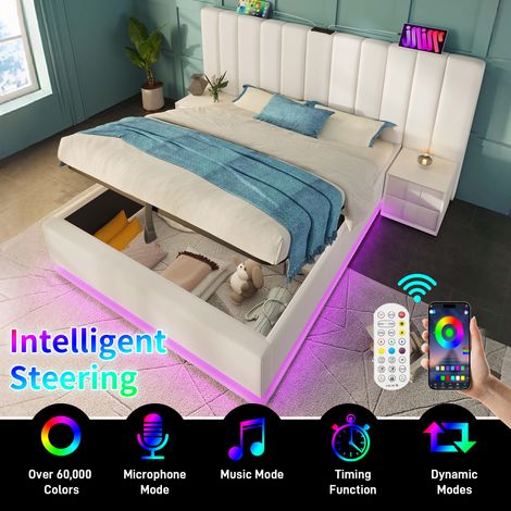 Lit double , avec rangement hydraulique, éclairage LED contrôlé par application et recharge USB-C, pu, blanc-180 × 200 (1/5)