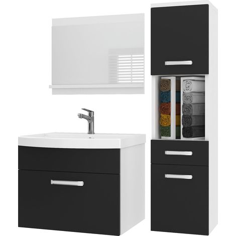 BELINI Meuble de Salle de Bain PRI M3 90 cm - Meuble avec Vasque Céramique + Miroir avec Étagère - Suspendu - Noir Mat (1/5)