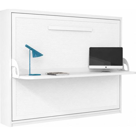 Lit escamotable horizontal avec bureau ANGELINA - Ouverture automatique assistée Matelas mousse 18 cm-Chêne blanc-Avec matelas-90x200 (1/5)