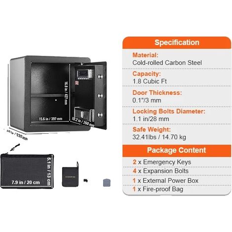 Coffre-fort de sécurité, accès par empreinte digitale, système d'alarme double, 1,8 Pieds Cubes (1/2)