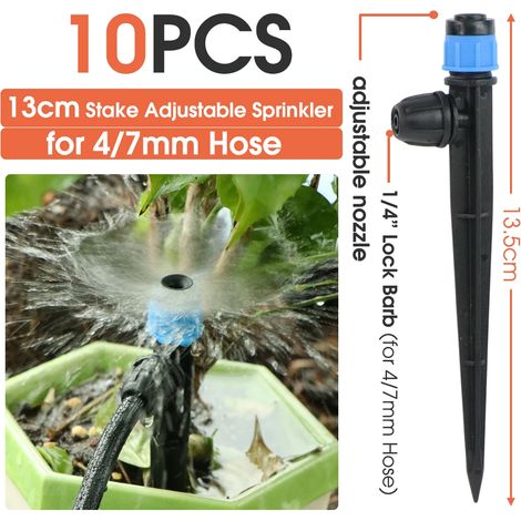 (A-10PCS) 10 goutteurs à brumisation réglables de 6,35 mm (1/4") avec arroseur à vortex 360° et piquet pour tuyau de 4/7 mm, pour l'arrosage des plantes de jardin. (1/5)