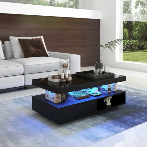 MEUBLIV Couchtisch 95x50x42,5 cm schwarz glänzend mit 2 Schubladen, 2 Fächern und 4 Glaseinsätzen (1/5)
