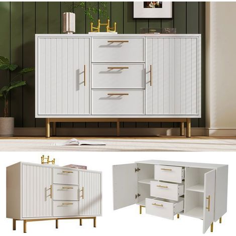 Buffet 75X120X40, buffet cuisine, commode avec 2 portes et 3 tiroirs, commodes à portes blanches avec tiroir, étagère réglable (1/5)
