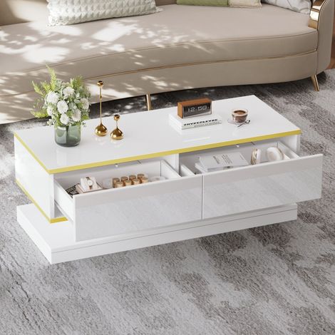 Table basse rectangulaire - 100x50x38cm - Design sablier moderne laqué brillant avec 2 grands tiroirs - Blanc et Or (1/5)