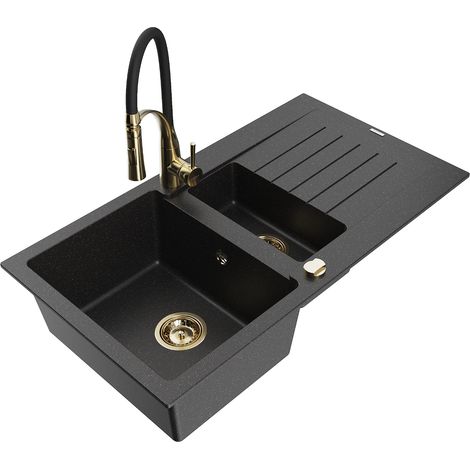 Mexen Matias lavello in granito a 1,5 vasche con gocciolatoio e rubinetto da cucina Aster, nero/argento - 6502-73-73450-57-G (1/5)