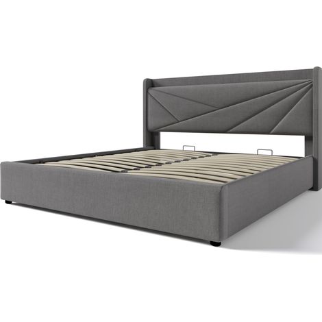 Cama doble 160x200 de lino gris con USB y USB-C, somier de láminas, cabecero (1/5)