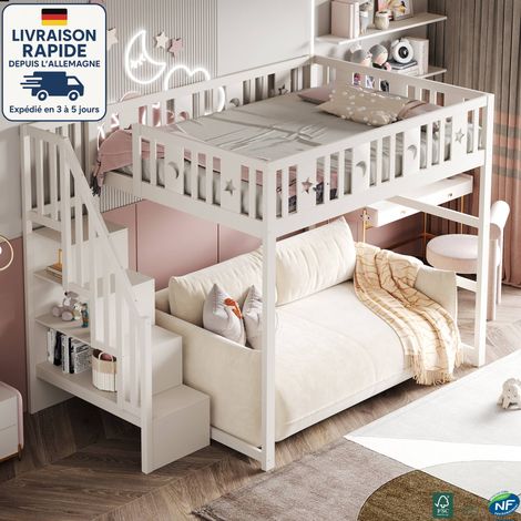 MODFU - Letto a soppalco in legno per 2 persone 140×200cm, letto per bambini con scaletta contenitore, motivo a stelle e luna, senza materasso, bianco (1/5)