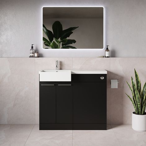 Napoli 250 Matt Black 1000mm 2 Door Vanity Unit Toilet Suite with Left Hand Square Rico Semi Recessed Basin - 1000mm - Chrome 160mm HandleWithout Kingston Toilet Pan