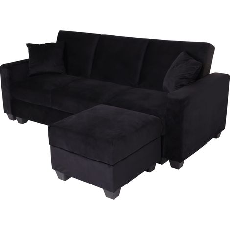 Sofa HHG-539 mit Ottomane, Couch Sofa Gästebett, Schlaffunktion Stauraum 217x145cm Samt schwarz