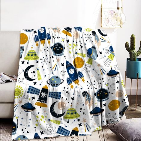 Couverture enfant espace 130 x 150 cm - Couverture de fusée spatiale - Couverture douillette - Motif fusée - Motif ciel étoilé - Planète - En flanelle douce - Pour enfants garçons - A, 130 x 150 cm (1/5)