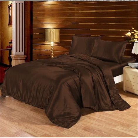 Parure de drap en Soie Satinée - Parure de lit 4 Pcs = 2 Taies d'oreiller, 1 Drap, 1 Housse de Couette - 220x240cm - marron foncé (1/4)
