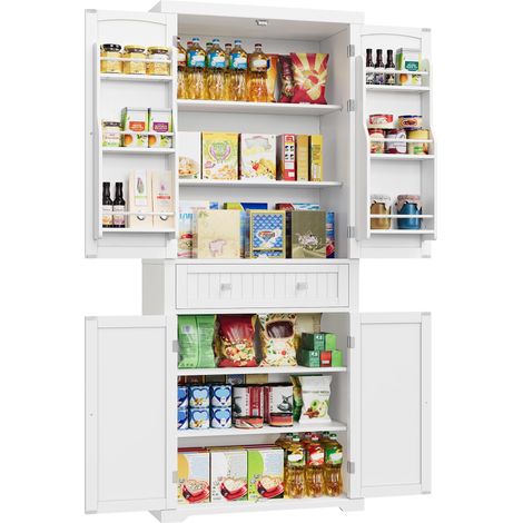 Buffet Haut Cuisine, Meuble de Rangement, Armoire, Vaisselier, Hauteur 182,1 cm, avec Tiroir, Placards, Étagères Réglables, pour Salon, Cuisine, Blanc BBC561W21 (1/5)
