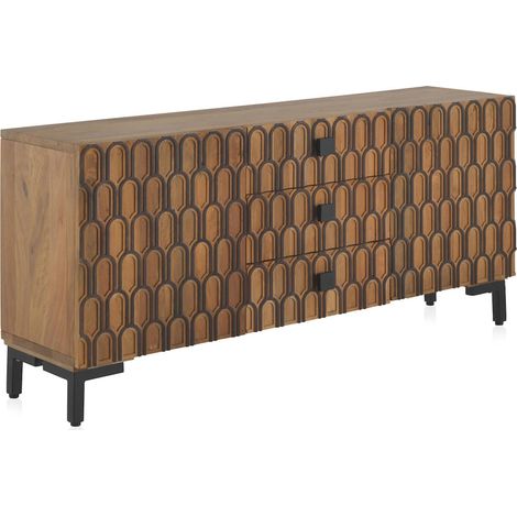 Buffet en bois massif naturel portes sculptées et pieds métal - Bois naturel sculpté et noir (1/5)