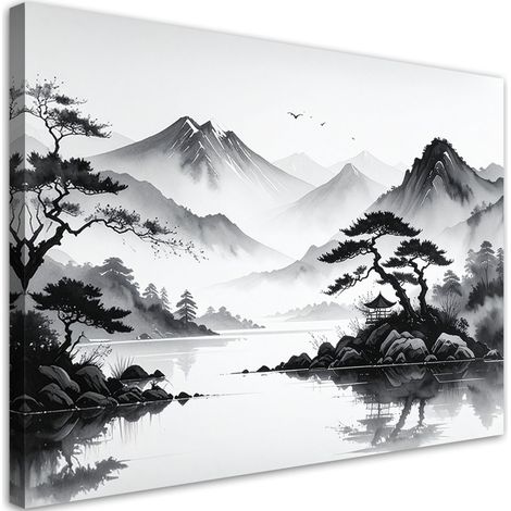 Wandbild Japanische Landschaft gemalt mit Tinte 100x70 cm (1/5)
