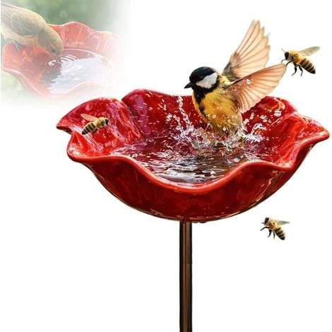 Abreuvoir pour oiseaux – Abreuvoir pour insectes – Abreuvoir pour abeilles – Motif floral – Décoration de terrasse – Fleur en métal – Diamètre 15 cm – Rouge (1/5)
