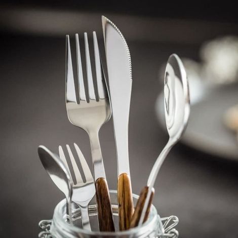 Ménagère 30 Pièces - - Acier Inoxydable - Manche en Bois - Résistante à la Rouille - Pour 6 Personnes (1/4)