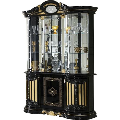 Les Tendances – Vitrine 6 portes 3 tiroirs en bois laqué noir et doré – Dimensions L 139 x H 213 x P 50 cm – Fabrication italienne – Finition brillante (1/3)