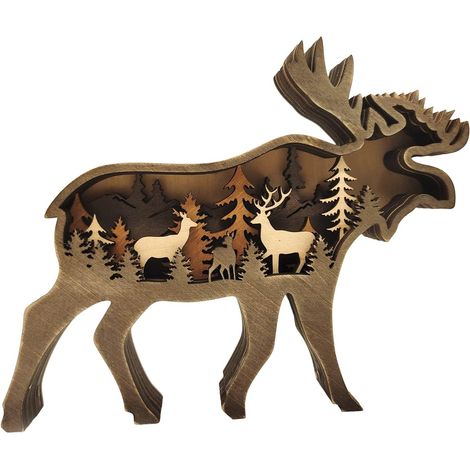 Statue de décoration de bureau en bois Wapiti, décoration de bureau d'animaux de la forêt, décoration de maison en bois Nick snack 1pc (Wapiti) (1/5)