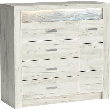 Commode bois blanchi 4 tiroirs avec poignées en métal Forever - Sans LED (1/4)