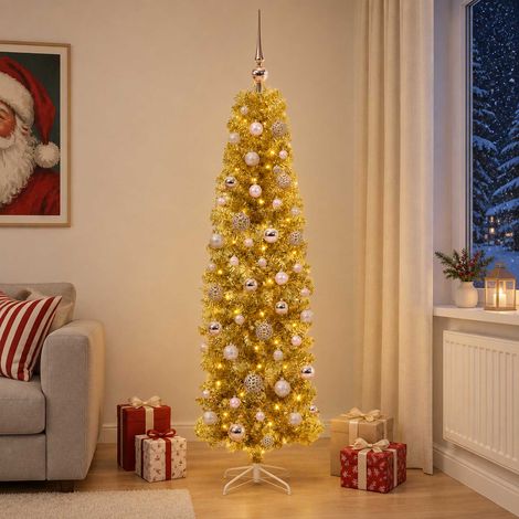 vidaXL Artificial Slim Christmas Tree with Bauble 180 cm 300 LEDs (1/5)